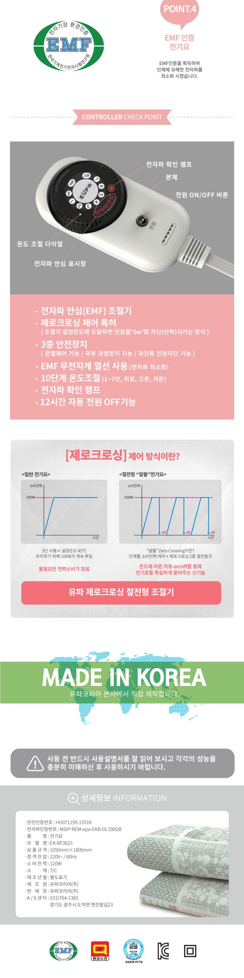 유파 전자파안심 전기요 EK-BF3623(슈퍼싱글) 1-2인용/전기요/전기매트/전기장판/온열매트/난방매트/난방용
