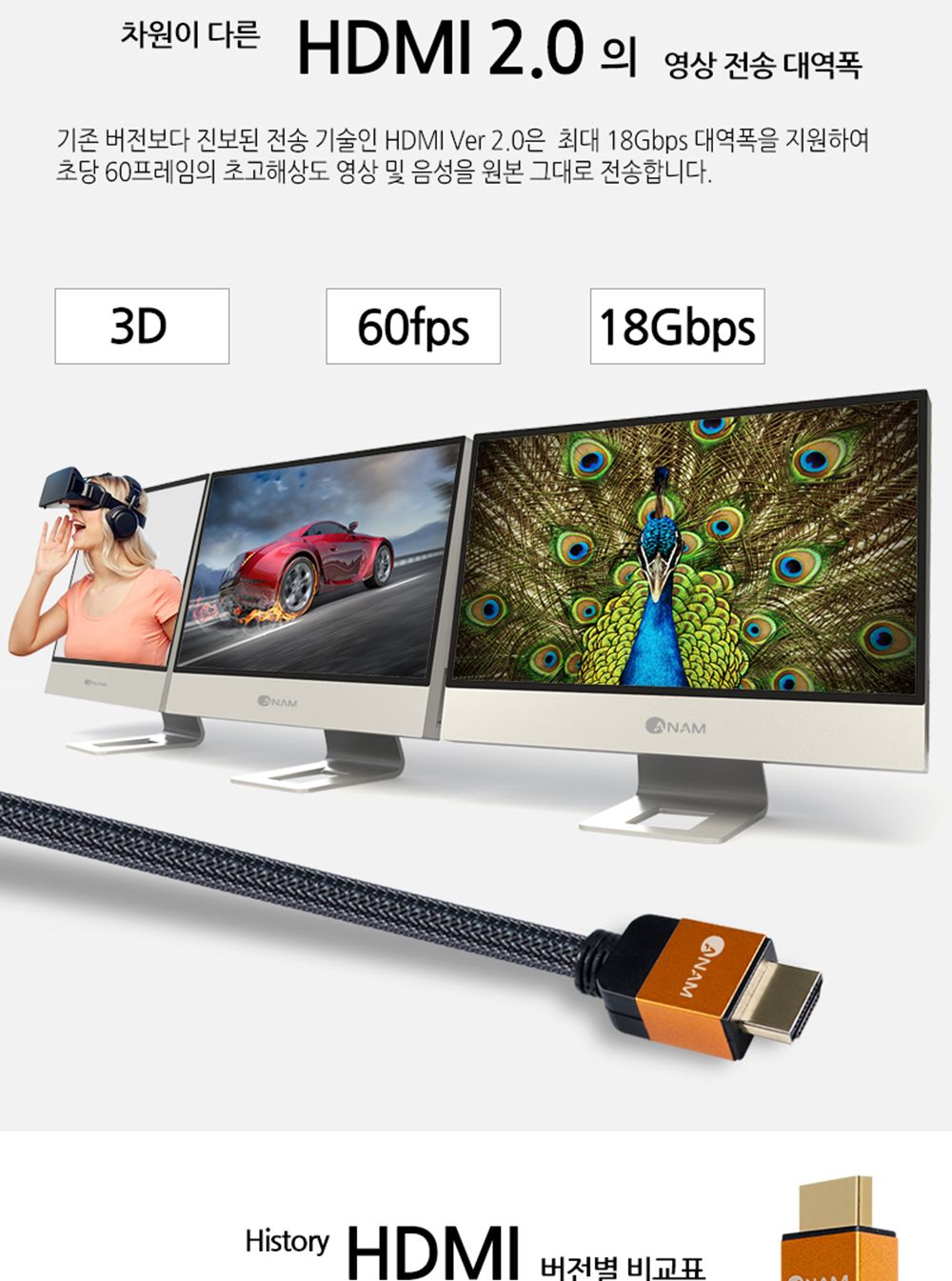 아남 HDMI2.0 케이블 2M UHD 셋탑박스 TV 모니터 연결/HDMI/HDMI케이블/HDMI선/모니터케이블/노트북용케이