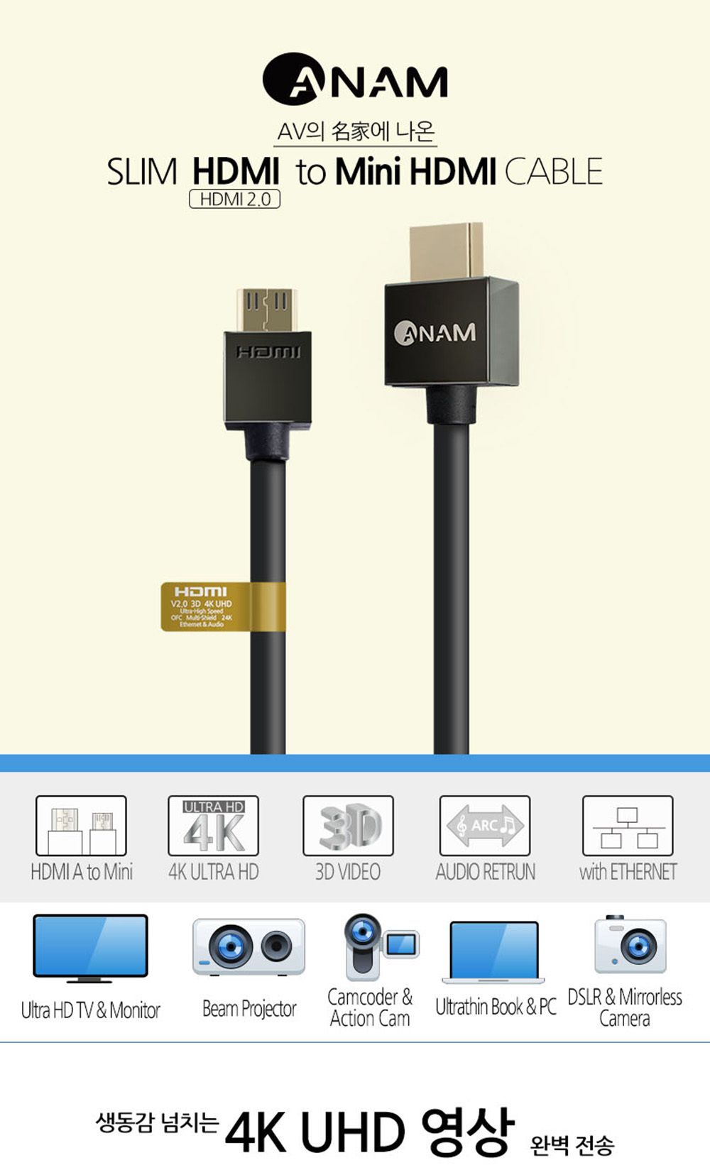 아남 미니 HDMI 케이블 4K TV 모니터 컴퓨터 영산선/HDMI/HDMI케이블/HDMI선/모니터케이블/노트북용케이블/