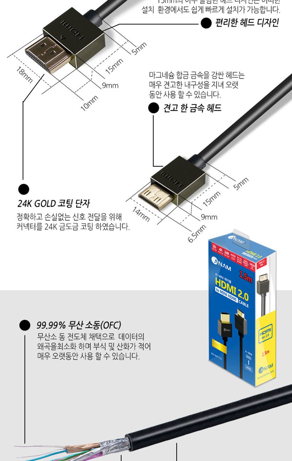 아남 미니 HDMI 케이블 4K TV 모니터 컴퓨터 영산선/HDMI/HDMI케이블/HDMI선/모니터케이블/노트북용케이블/