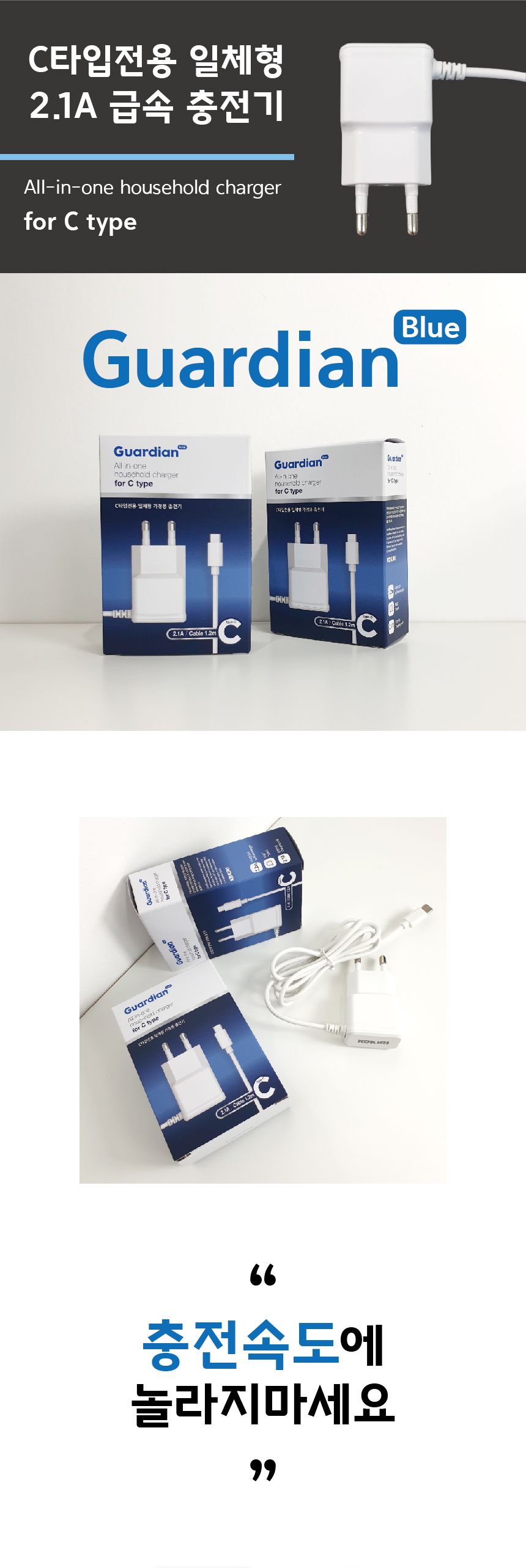 (가디언블루) 일체형 C타입 2.1A 급속충전기 1.2m/충전기/C타입충전기/가정용충전기/C타입형충전기/급속충