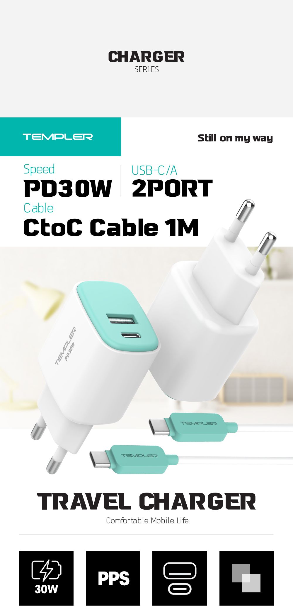 템플러 PD30W 2포트 가정용 충전기 (CtoC케이블 포함)/PD충전기/충전기/C타입충전기/가정용충전기/C타입형