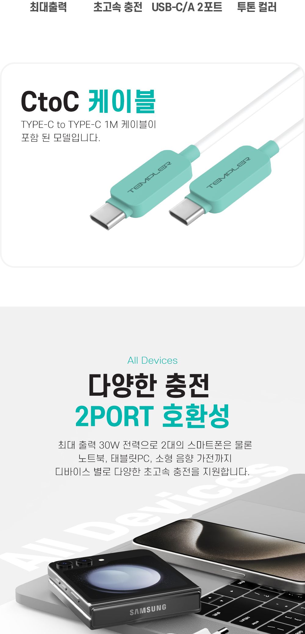 템플러 PD30W 2포트 가정용 충전기 (CtoC케이블 포함)/PD충전기/충전기/C타입충전기/가정용충전기/C타입형