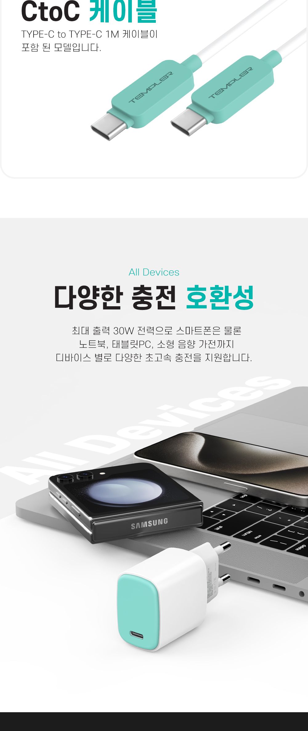 템플러 PD 30W 1포트 가정용 충전기 (CtoC케이블포함)/PD충전기/충전기/C타입충전기/가정용충전기/C타입형