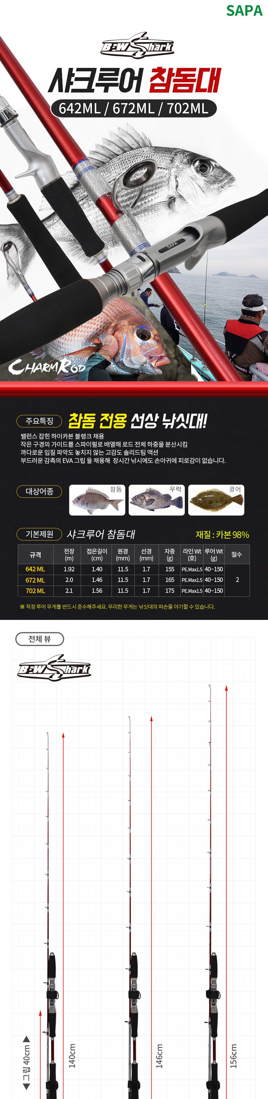 (샤크루어) B.W 샤크 672ML 참돔전용 선상루어대 루어대 낚싯대 낚시대 돔낚시 참돔낚시 선상루어대 선상낚시 참돔낚싯대 참돔낚시대 고급루어대