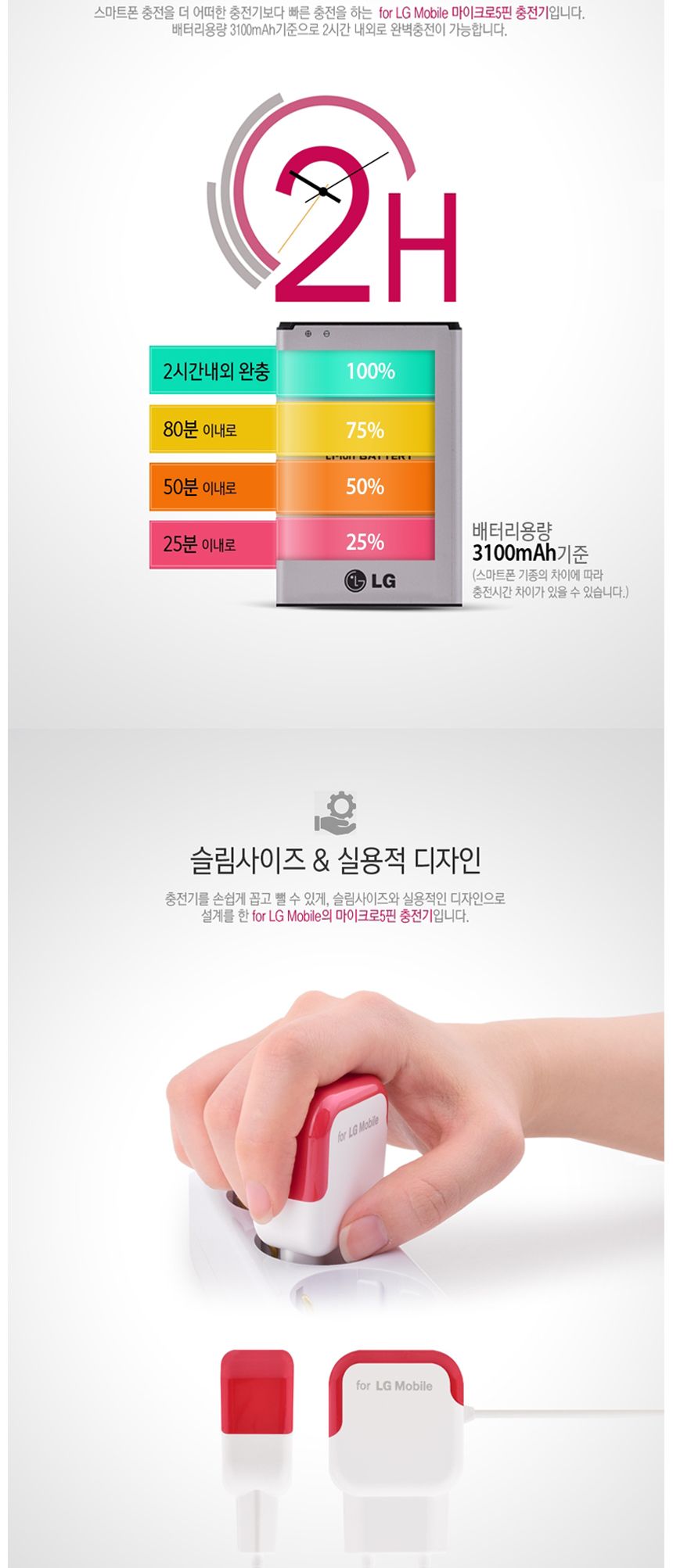 LG모바일 TCH-A847 2A 마이크로 5핀용 일체형 충전기/휴대폰충전기/스마트폰충전기/가정용충전기/5핀충전기
