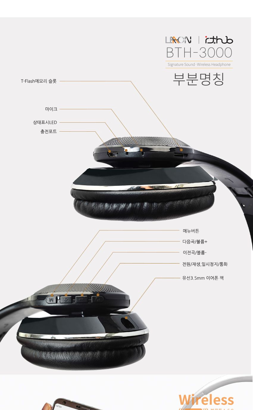라온 블루투스헤드폰 BTH-3000 풍부한사운드 통화 5.0/헤드폰/스마트폰헤드폰/헤드폰/통화가능헤드폰/접이