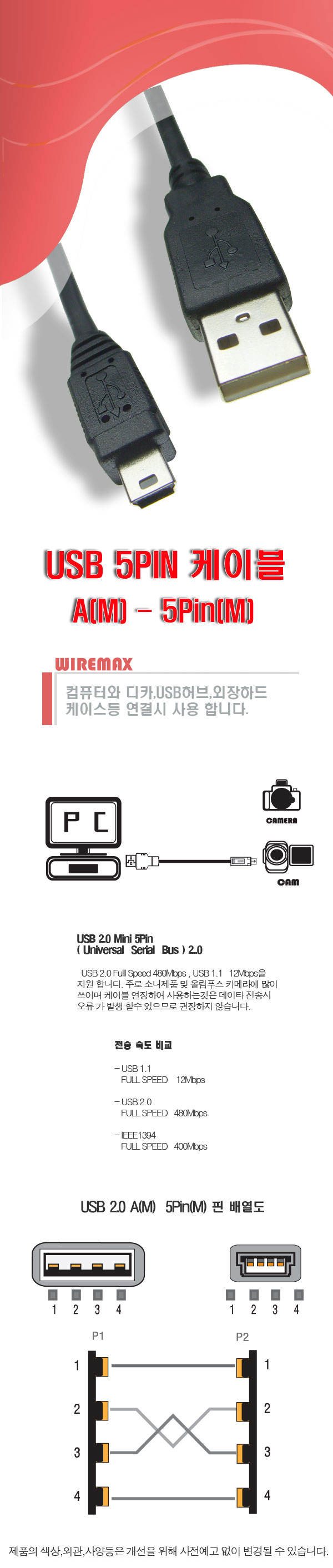 USB 5핀 케이블 2M/외장하드케이블/카메라케이블/디카케이블/USB케이블/USB5핀/5핀케이블/USB5핀케이블/카