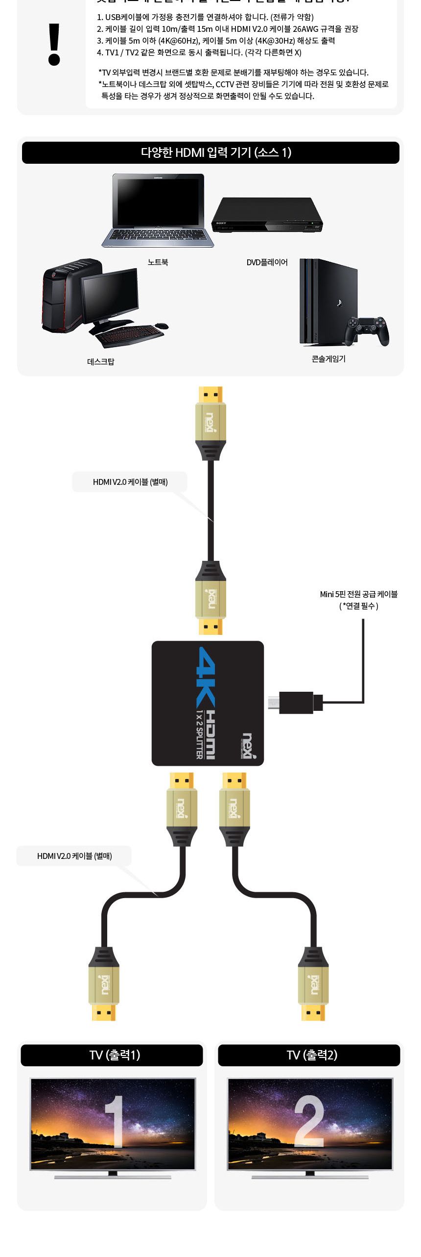 Ultra HD 오디오지원 모니터 분배기 1 2 HDMI V2.0/분배기/모니터/HDMI/영상/영상분배/영산분배기/HDMI분배