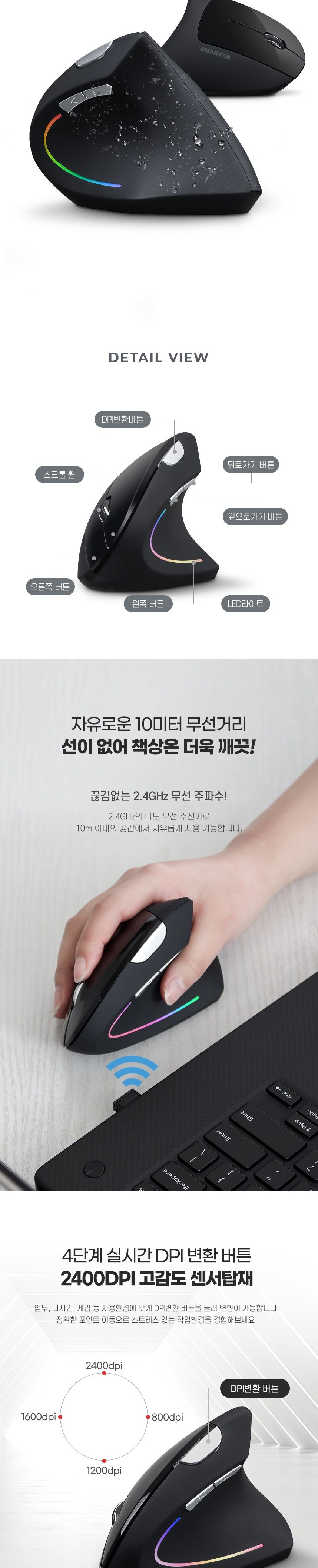 스마텍 버티컬 무선마우스 STM-V1000 6버튼 광 LED/버티컬마우스/버티칼마우스/마우스/무선마우스/오피스마