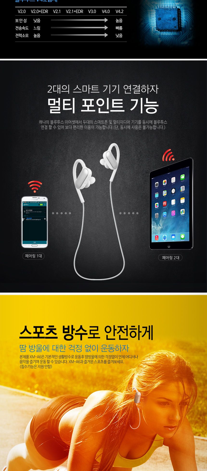 (화이트) 지니큐 XM-A6 스포츠형 블루투스 스테레오 이어폰/이어폰/이어셋/목걸이이어폰/무선이어폰/무선이
