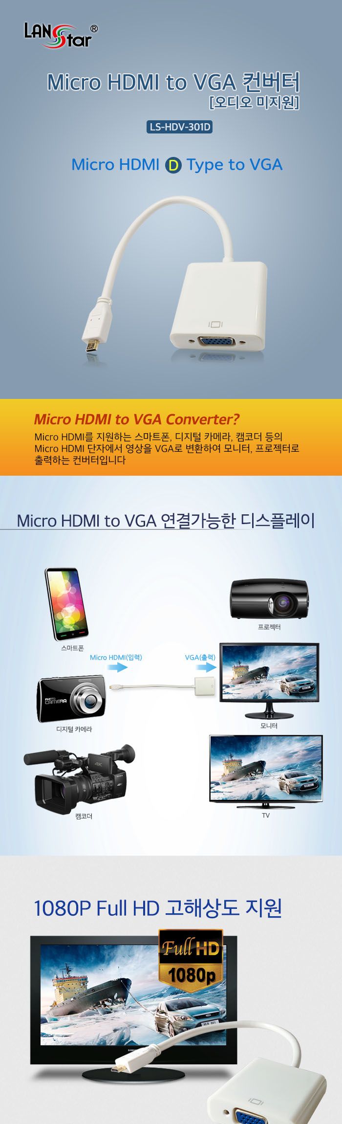 Micro HDMI to VGA 영상 컨버터 오디오미지원 보급형/VGA컨버터/컨버터/PC컨버터/TV연결컨버터/영상용컨버