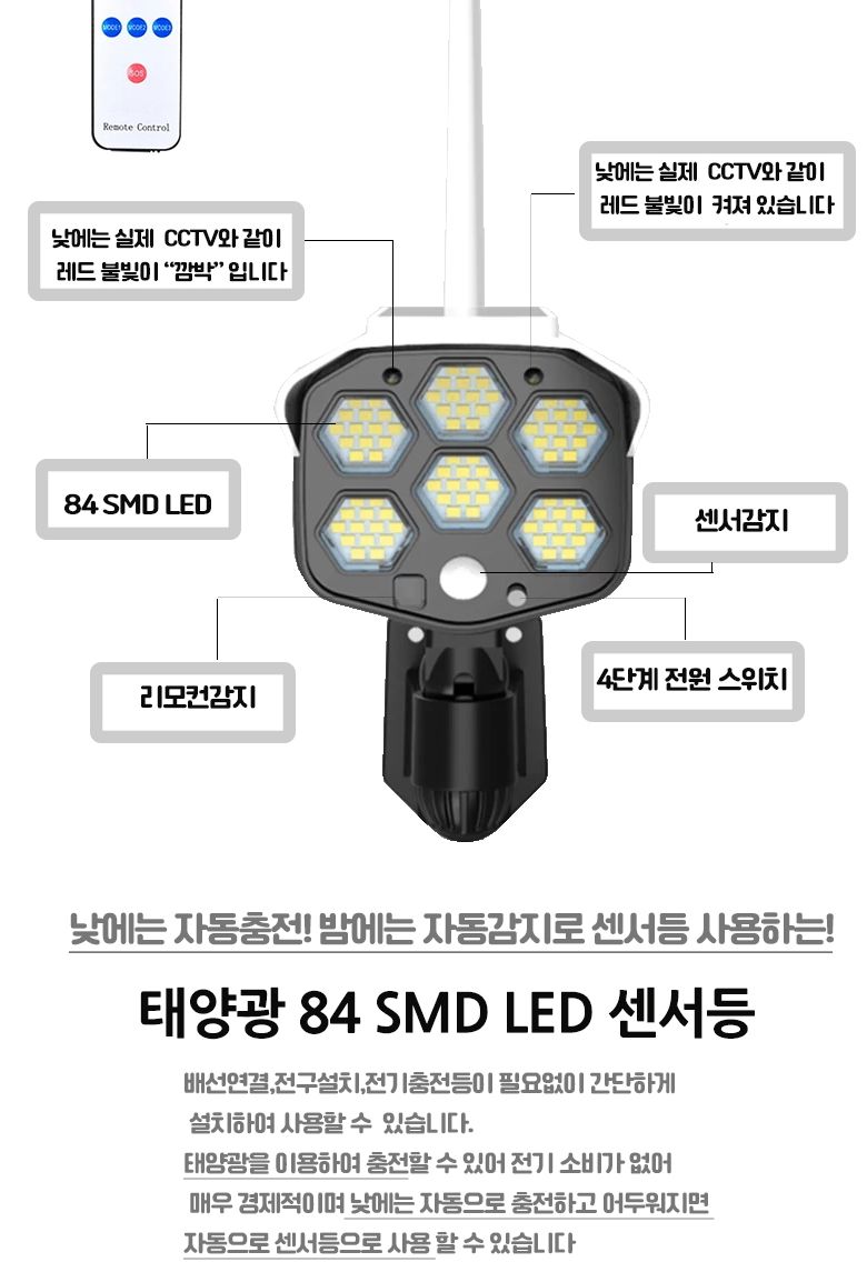 84SMD LED 태양광 충전식 야외 벽등 조명등 센서등/태양광야외등/마당조명/마당랜턴/야외등/야외조명등/태