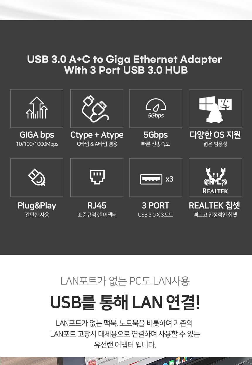CLAN-1000HC A타입+C타입겸용 기가유선랜카드+3포트/랜카드/네트워크주변기기/네트워크/네트워크용품/유선