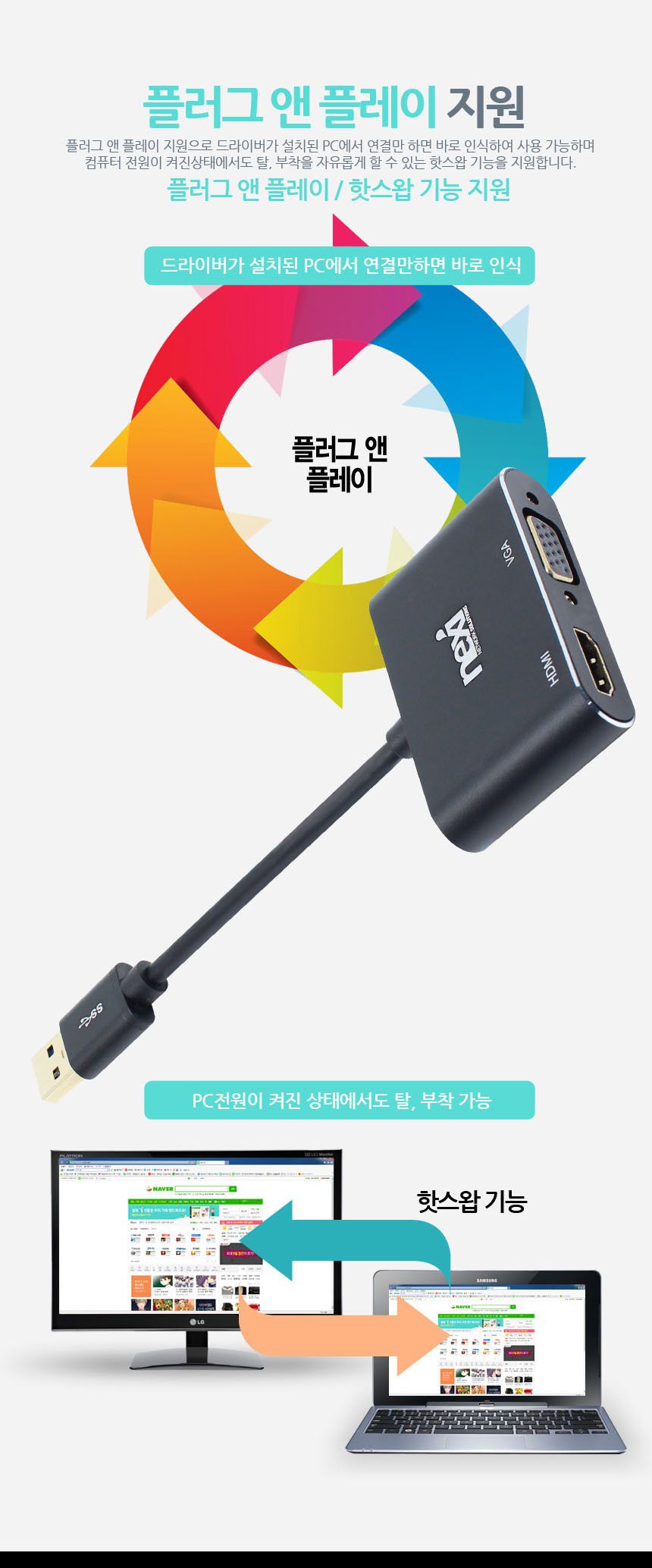 USB3.0 포트로 듀얼 모니터연결확장 HDMI VGA 컨버터/컨버터/모니터컨버터/모니터젠더/HDMI컨버더/HDMI변환