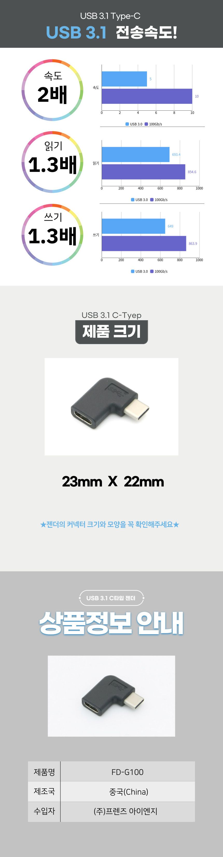 FD-G100 USB 3.1 젠더 M F 연장 ㄱ자 꺽임(꺾임) 젠더/변간충전잭/젠더/폰젠더/충전젠더/C타입젠더/C타입충