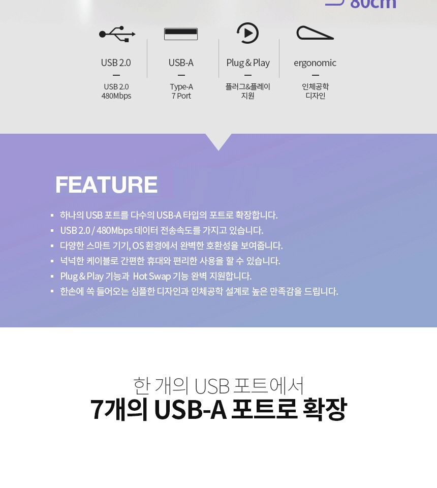 무전원 멀티 USB허브 7포트/7포트확장/충전허브/무전원/HUB/USBHUB/USB분배기/USB포트연장/USB멀티충전기/