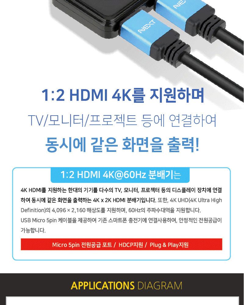 HDMI 2포트 미니 분배기 4K 60Hz 영상공유 셋톱박스/HDMI분배기/모니터분배기/영상분배기/컴퓨터분배기/스