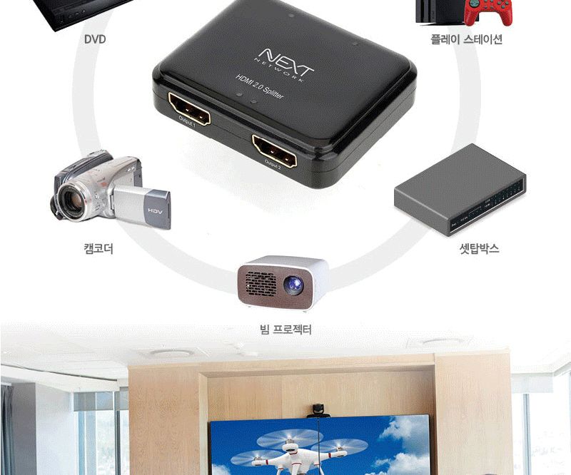 HDMI 2포트 미니 분배기 4K 60Hz 영상공유 셋톱박스/HDMI분배기/모니터분배기/영상분배기/컴퓨터분배기/스