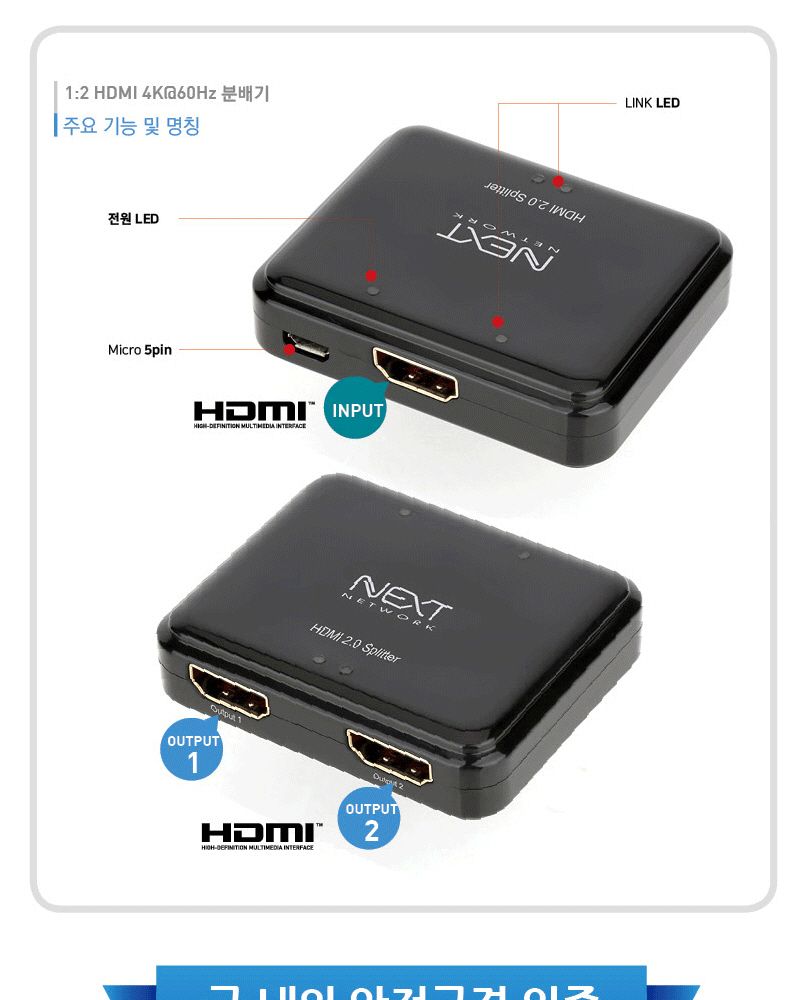 HDMI 2포트 미니 분배기 4K 60Hz 영상공유 셋톱박스/HDMI분배기/모니터분배기/영상분배기/컴퓨터분배기/스