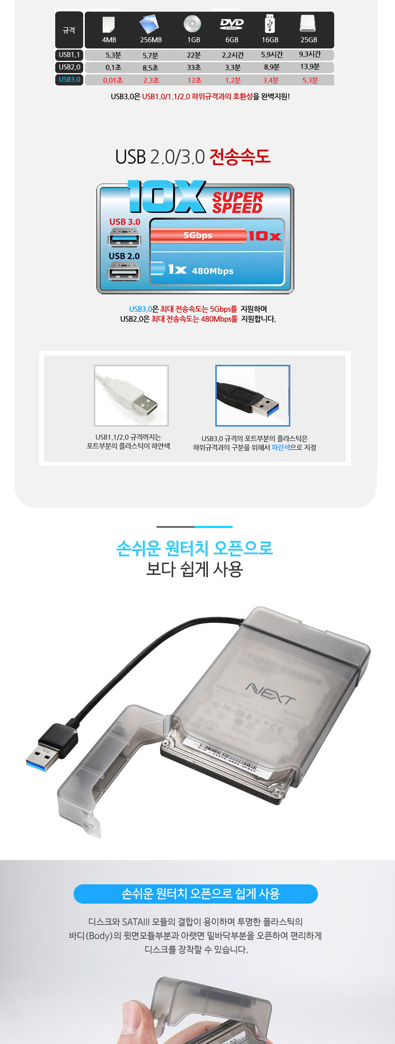 USB3.0 SSD 2.5형 외장하드 케이스 SATA HDD 무전원/외장하드케이스/SSD외장하드케이스/외장저장장치/저장