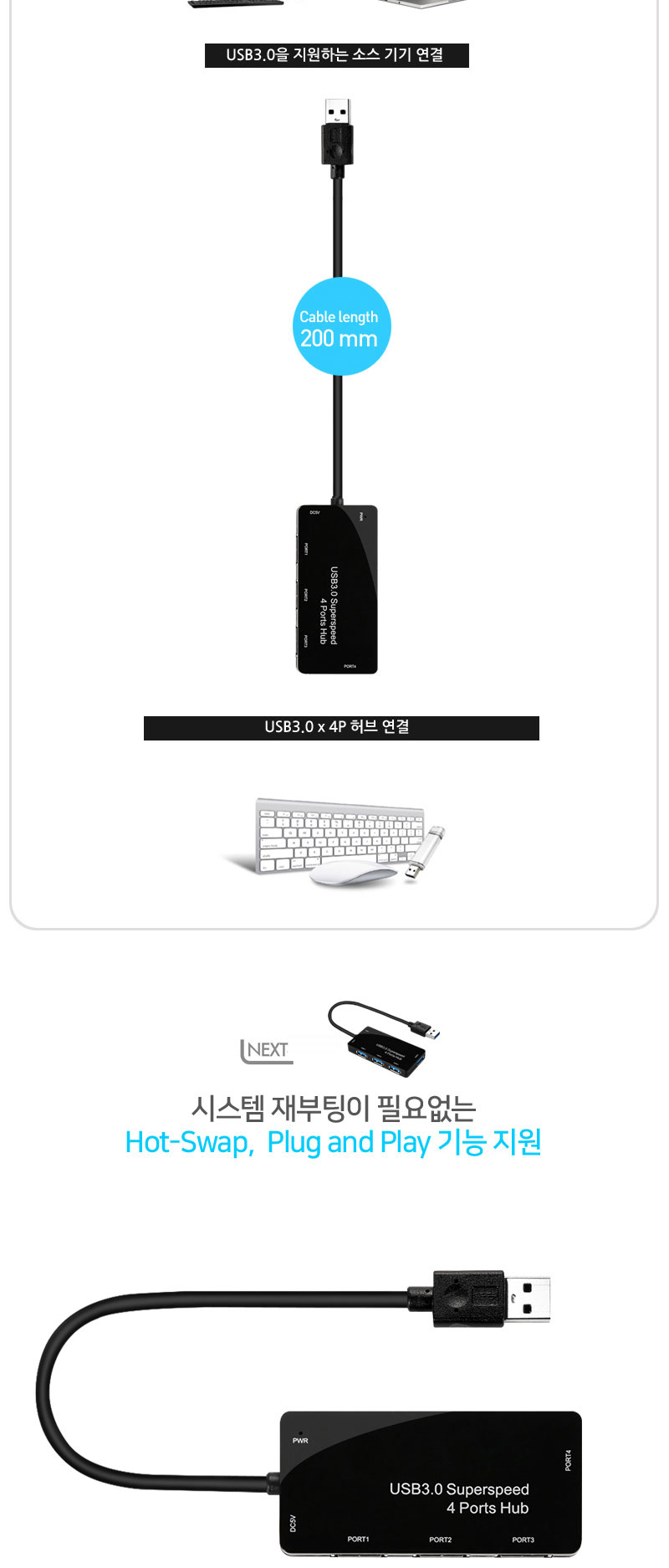 4포트 USB3.0 무전원 허브 마우스 키보드 카드리더기/4포트허브/USB용품/USB멀티탭/HUB/USB분배기/USB포트