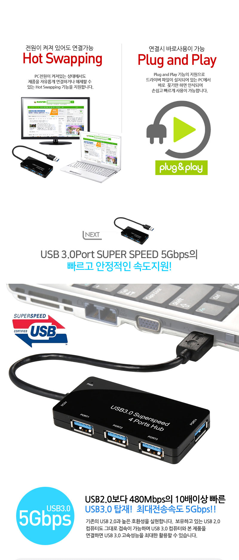 4포트 USB3.0 무전원 허브 마우스 키보드 카드리더기/4포트허브/USB용품/USB멀티탭/HUB/USB분배기/USB포트