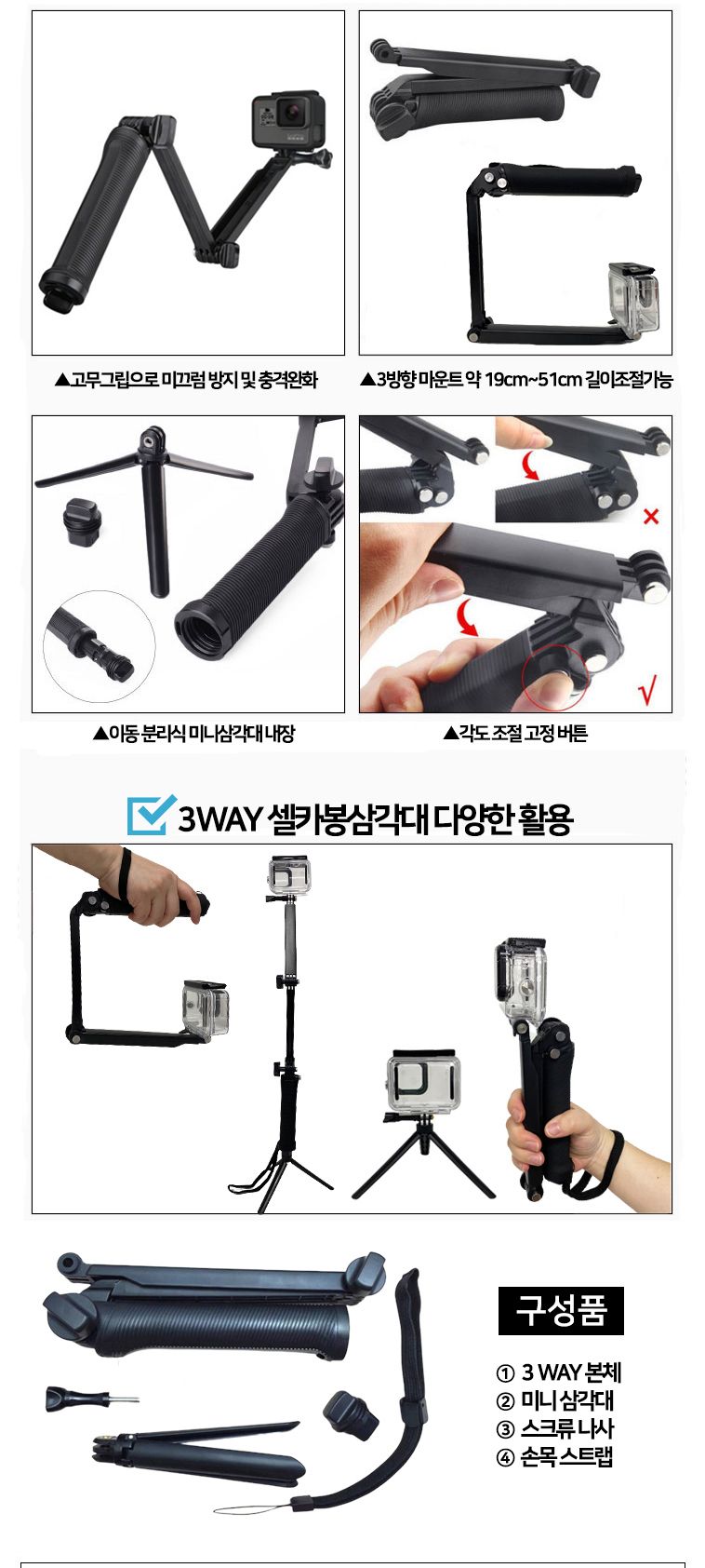 SMJ 고프로11 10 9 방수하우징 3WAY 핑거그립세트/액션캠/고프로악세사리/고프로용품/모노포드/캠그립/캠그