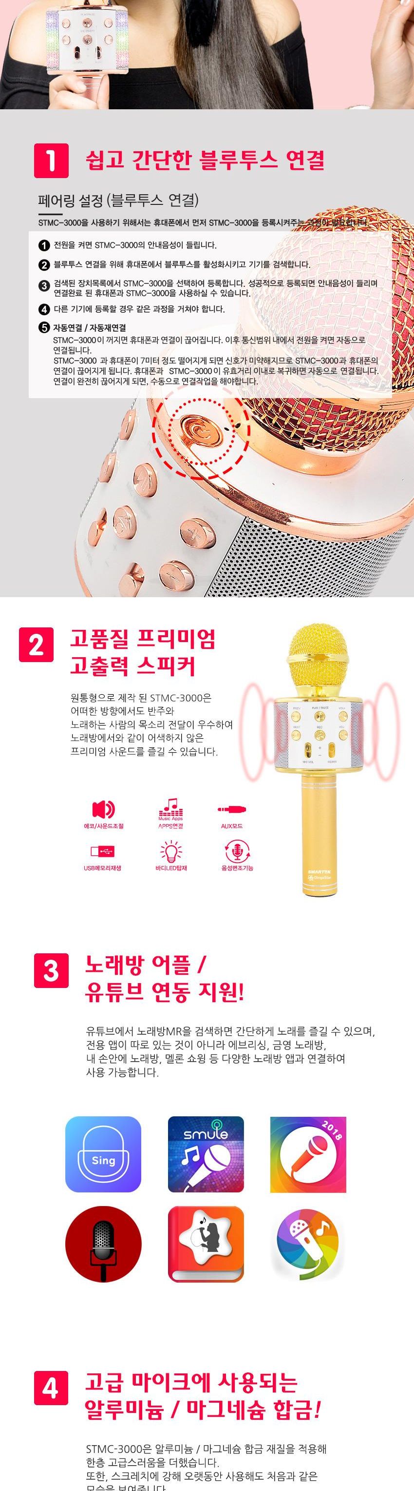 스마텍 STMC-3000 블루투스 노래방 LED 마이크 스피커/노래방스피커/노래방마이크/블루투스스피커/노래방엠