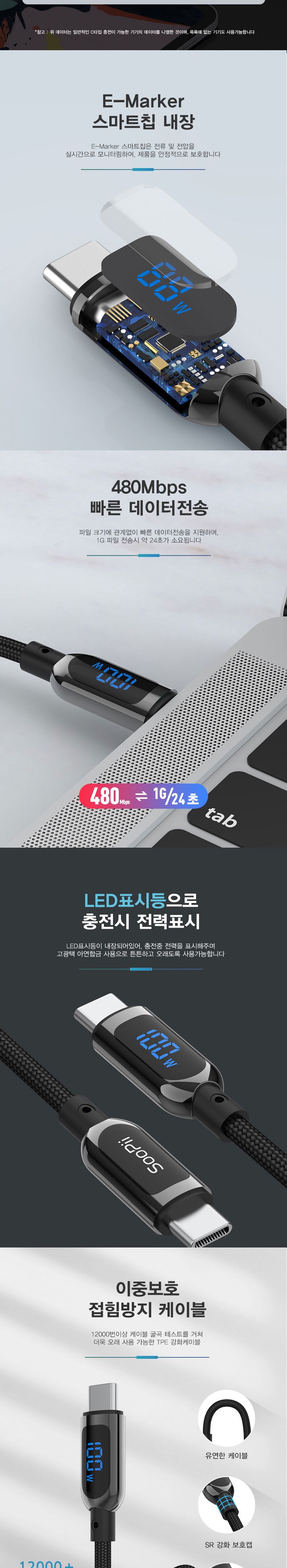 Soopii 전력표시C타입 100W PD초고속충전케이블 S10CC/케이블/PD케이블/충전케이블/고속충전케이블/C타입케