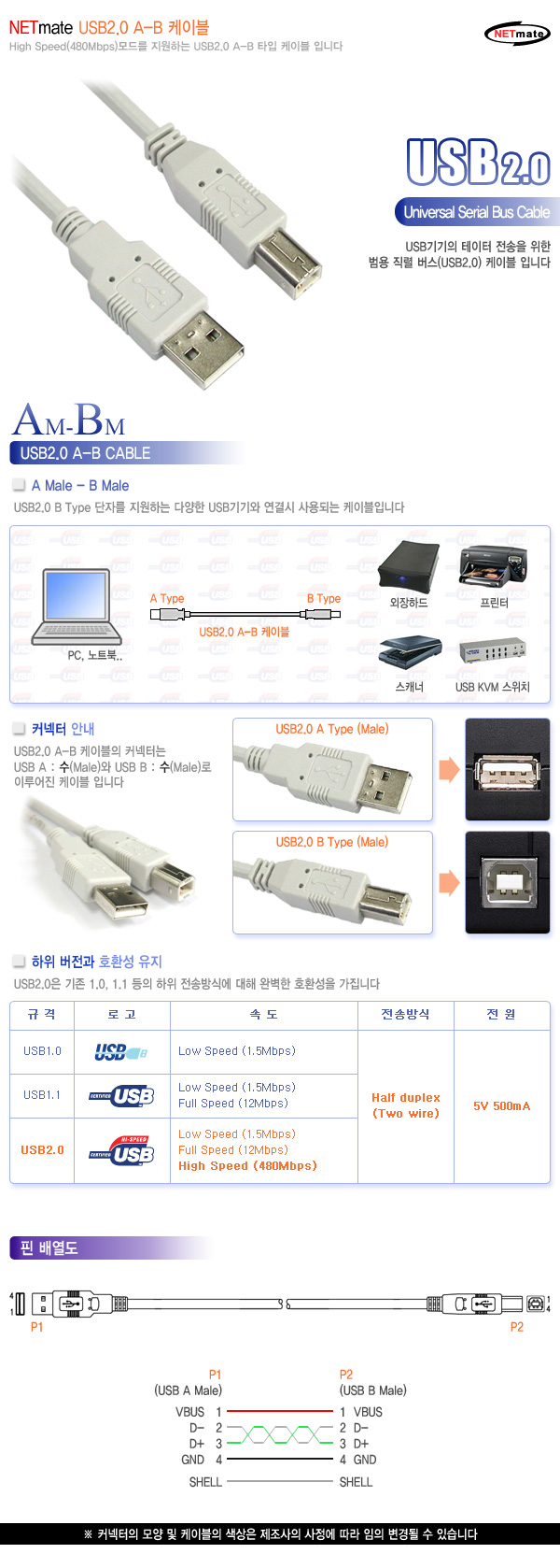 컴퓨터와 프린터 외장하드 등 연결 케이블 USB 10M/케이블/컴퓨터케이블/외장하드케이블/외장하드연결케이