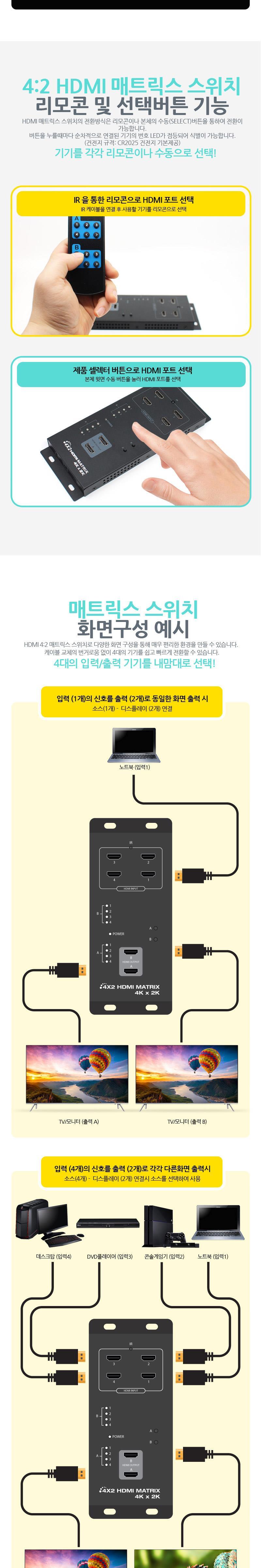 모니터 HDMI 분배기 4대2 리모콘 HDCP지원 4k UltraHD/분배기/모니터/HDMI/영상/영상분배/영산분배기/HDMI