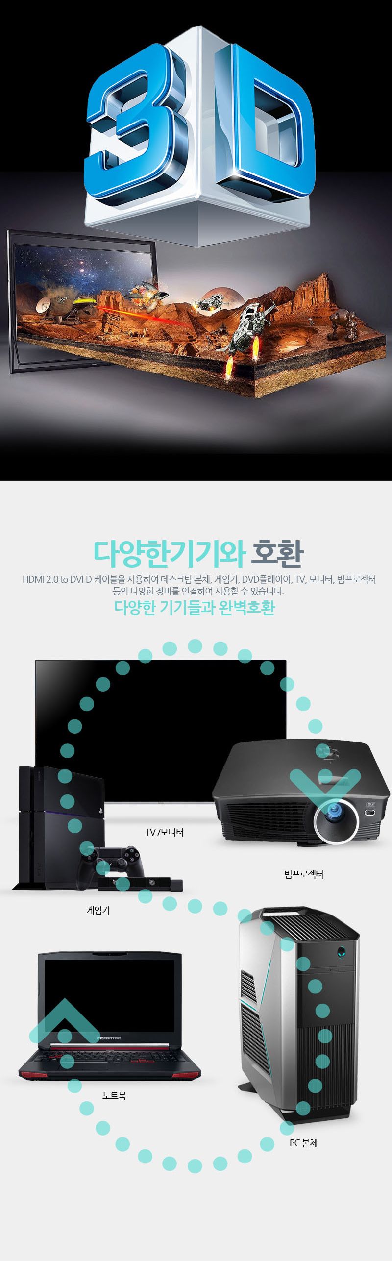 HDMI V2.0 to DVI-D 케이블 골드메탈 노이즈필터 10M/HDMI/HDMI케이블/HDMI선/모니터케이블/노트북용케이블