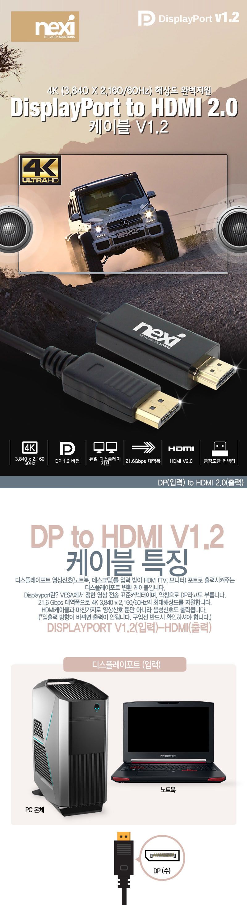 DP to HDMI 케이블 화면복제확장 21.6Gbps 대역폭 1m/DP케이블/DP영상선/HDMI/HDMI케이블/HDMI선/모니터케