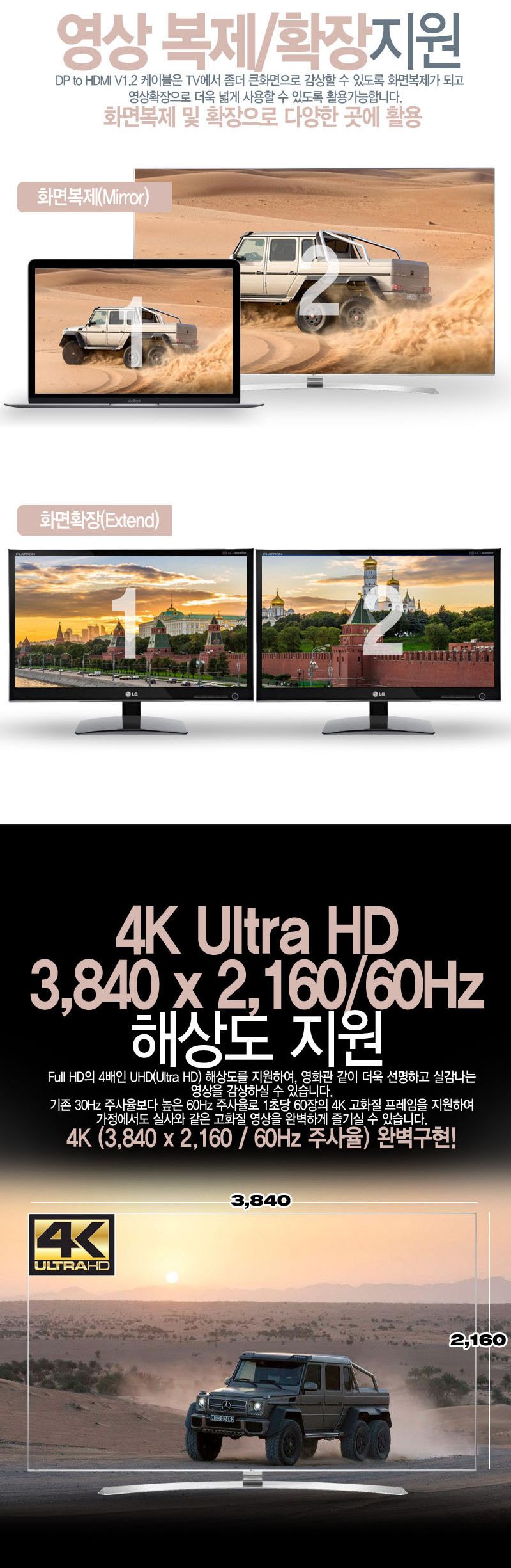 DP to HDMI 케이블 화면복제확장 21.6Gbps 대역폭 1m/DP케이블/DP영상선/HDMI/HDMI케이블/HDMI선/모니터케