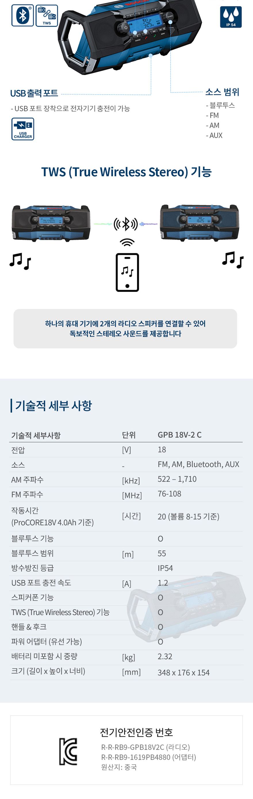 보쉬-충전라디오-베어툴 GPB18V-2C 18V (1EA)/라디오/다용도라디오/충전라디오/충전형라디오/충전용라디오/