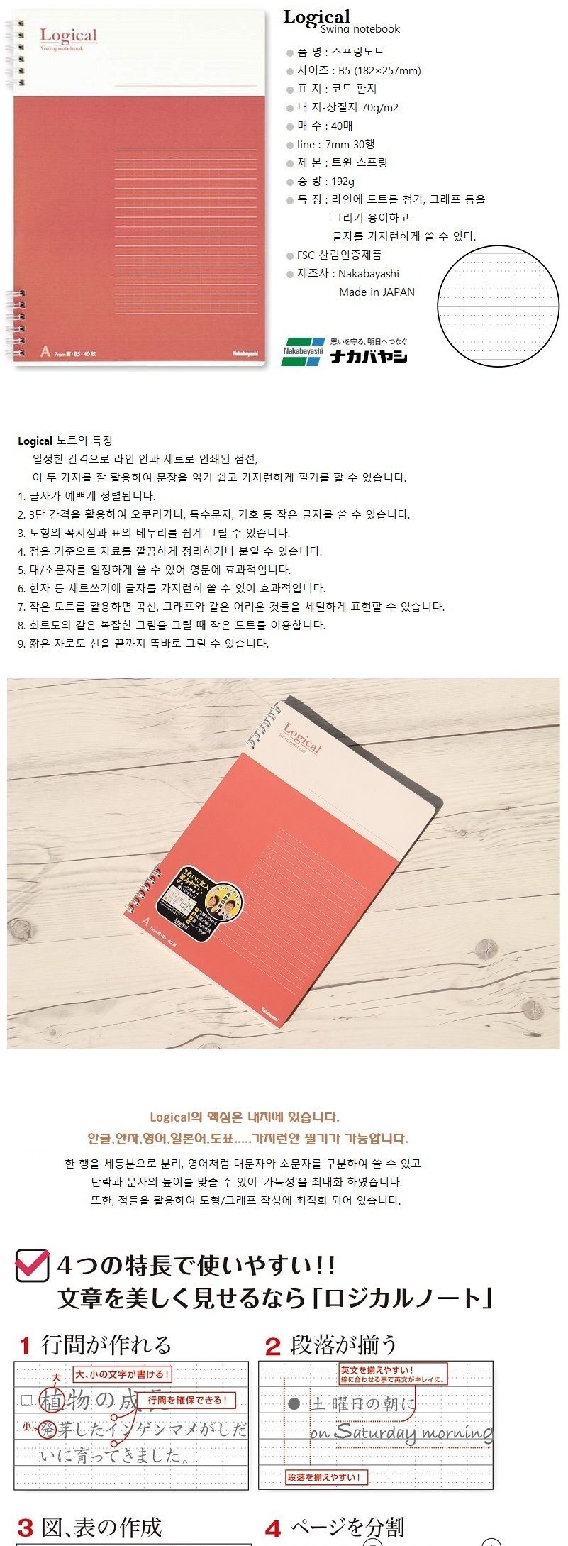 나카바야시 B5 로지컬 스프링노트 NW-B501A /학생노트/스프링공책/필기용/연습장/학생용/공부용/사무용/회의용